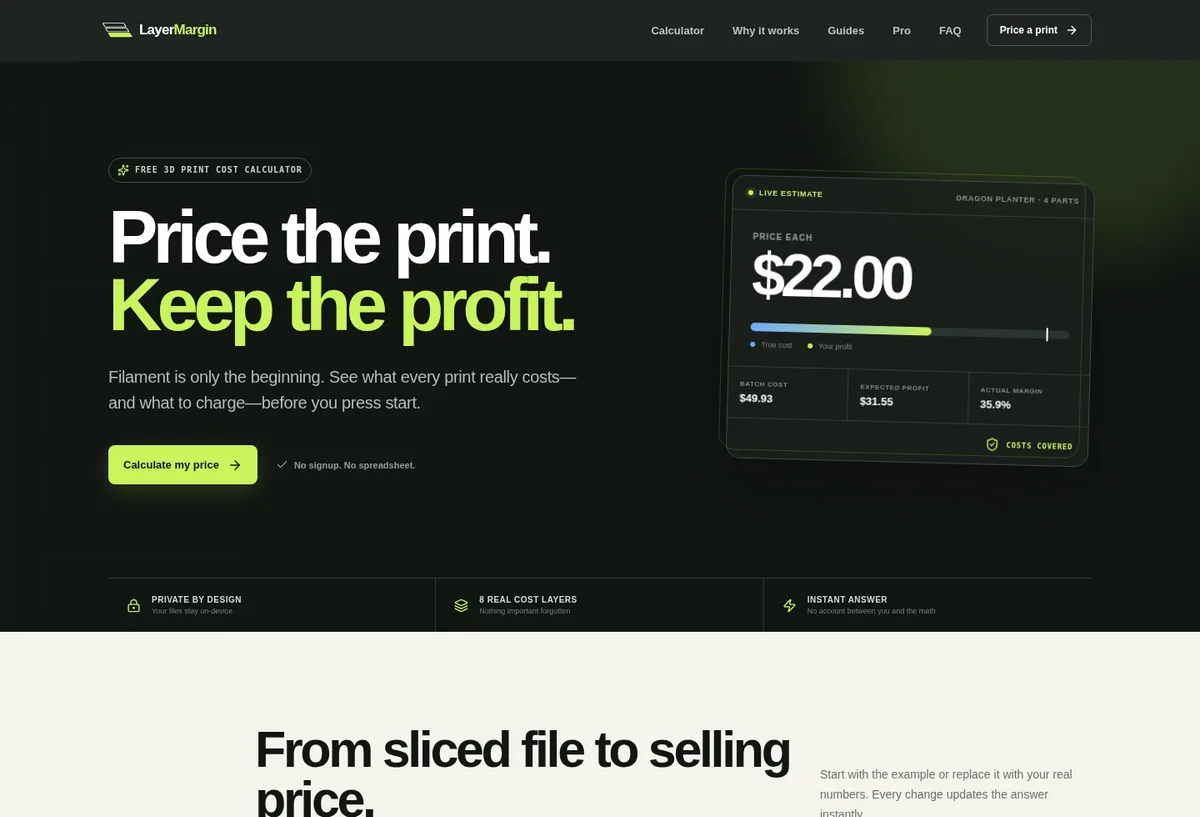 LayerMargin homepage showing a 3D print pricing dashboard