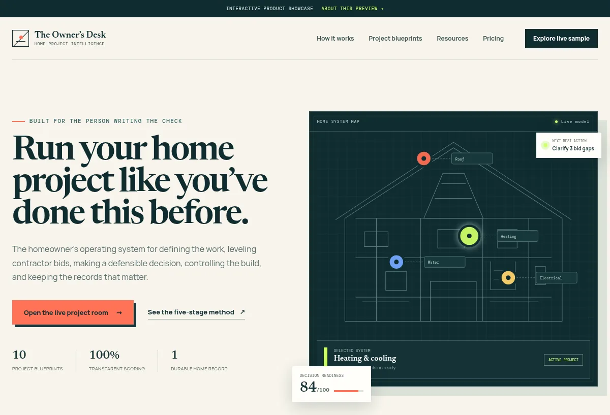 The Owner’s Desk homepage with a homeowner project decision room and interactive home systems blueprint